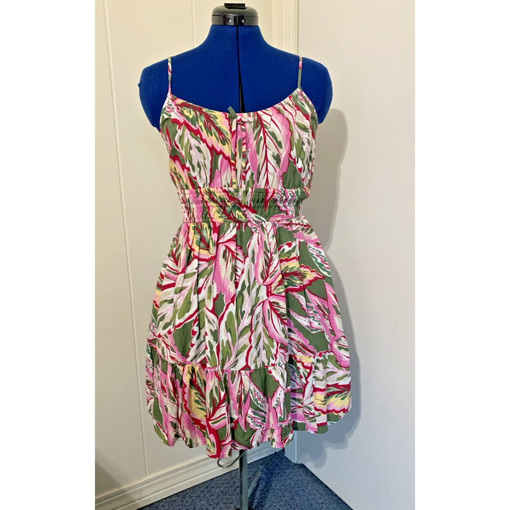 Loft beach Floral Linen dress Small Petite Short Elastic Waist Beachy Resort